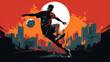 街の中でサッカーボールを蹴る若者のグラフィック Young man kicking football in urban city graphic design. Created by generative Ai