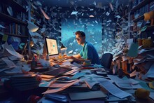 IT Office Worker Overwhelmed By An Amount Of Sheets Paper Work, Hard Working Concept Generative AI