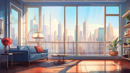 The interior and scenery of a house in the city center with a cartoon background