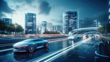 Fototapeta  - Autonomous Self Driving, Electric Car Driving on the Road Cityscape Background. Generative AI