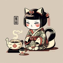Japanese Tea Ceremony Chibi Cat Geisha Ai Generate