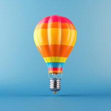 An Imaginative Bulb Shaped Like A Hot Air Balloon, Lighting Up Against A Serene Blue Background, Fostering A Creative And Innovative Concept