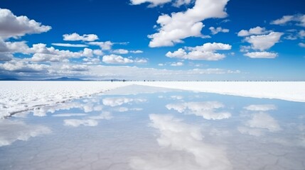 Photo of Salar de Uyuni in Bolivia, the worlds largest salt flat. Surrounded by clouds - reated with Generative AI technology with misty clouds above created with Generative AI technology