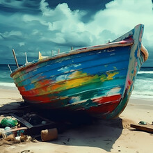 Colorful Fishing Boat On The Beach In Sri Lanka  Vintage Style
