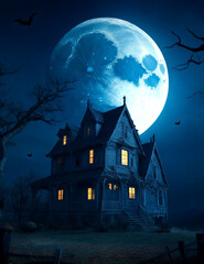 Wall Mural - halloween castle and pumpkin with full moon background