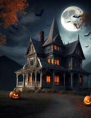 Wall Mural - halloween castle and pumpkin with full moon background