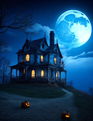 Wall Mural - halloween castle and pumpkin with full moon background