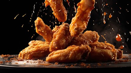 Freeze Motion Shot of Flying Fresh Fried Chicken Wings or Strips