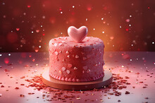 Close-up With Cake And Pink Heart On A Red Gradient And Glitter Background