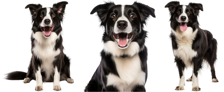 collection of happy border collie dogs (portrait, sitting, standing) isolated on white background as