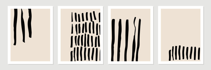 Poster - Set of abstract organic shapes, lines and textures in black on neutral nude and beige background. 
Pattern in minimalist style. Modern contemporary art in black. Vector illustration.