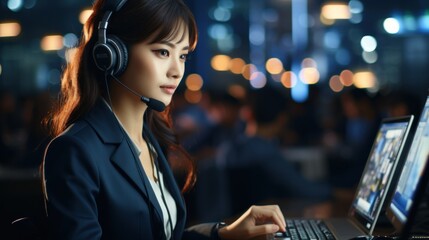 Sticker - Asian call center team, customer service, telesales in formal suit wearing headset or headphone talking with customer in modern office. Generative Ai
