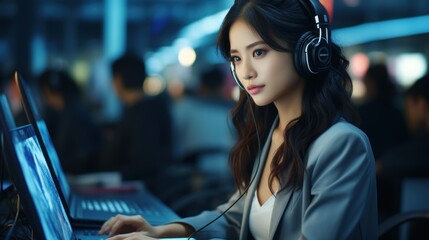 Poster - Asian call center team, customer service, telesales in formal suit wearing headset or headphone talking with customer in modern office. Generative Ai