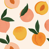 Fototapeta Dinusie - Peach or apricot seamless pattern. Hand drawn fruit and sliced pieces. Summer tropical endless background. Vector fruit design for label, fabric, packaging. Seamless surface design.