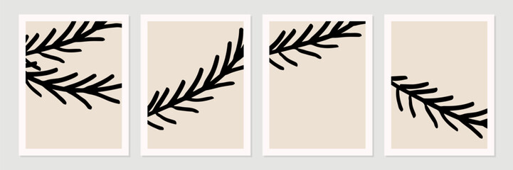Aufkleber - Set of abstract tropical organic shapes, leaves, lines and textures in black on neutral nude and beige background.