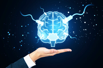Poster - Close up of businessman hand using tablet with glowing connected brain hologram on blurry blue background. AI, mind and neurology concept.