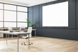 © Who is Danny - Modern concrete and wooden office interior with empty white mock up banner , window, furniture, equipment and daylight. 3D Rendering.