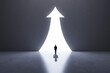 © Who is Danny - Back view of businessperson silhouette in abstract concrete interior with upward arrow opening. Success, financial growth and future concept.