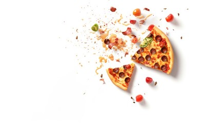 Sliced piece of pizza with a splash of ingredients and spices isolated on white background. Generative AI