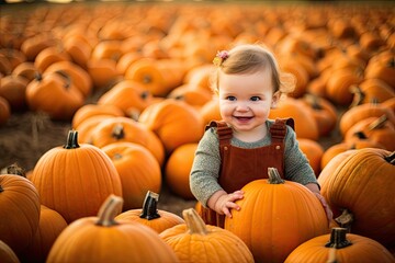 cute and adorable baby's and kids sit-in in pumpkin patch with rows of pumpkins in all shapes and si
