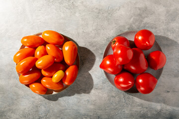 Poster - Red and orange tomatoes on gray background. Top view.