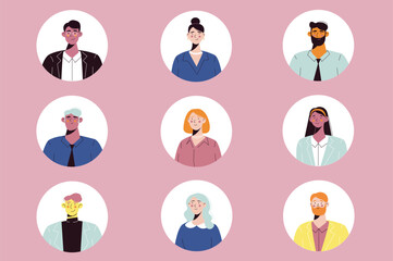 Poster - Icons business meeting in the flat cartoon design. Image of business colleagues in an official look on a pink background. Vector illustration.