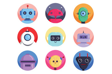 Poster - Icons robots in the flat cartoon style. Image of cute robots and machines on a colorful background. Vector illustration.