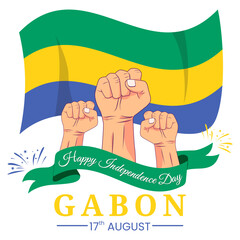 Wall Mural - Vector graphic of Gabon Independence Day for greeting card with clenched fist, fireworks and ribbon