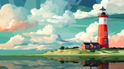 beautiful stylized illustration with the lighthouse on the coast, ai tools generated image