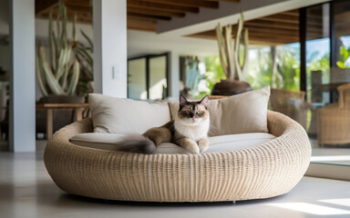 Wall Mural - Cats inside a round modern living room in Tulum. AI generated Image