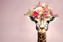 Animal Nature Concept. Giraffe Wearing A Crown Of Floral Fresh Pastel Spring Wreath Flowers, Commercial, Editorial Advertisement, Surreal Surrealism. Copy Space