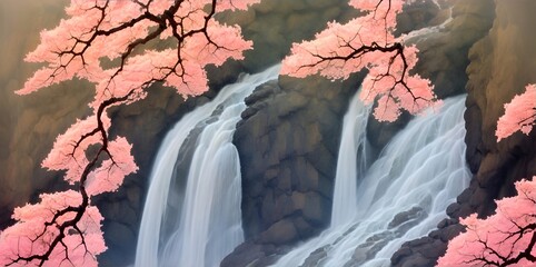 Waterfall and Blossom Sakura. AI generated illustration