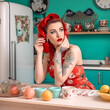 A bright girl in clothes and a pin-up hairstyle in the kitchen.