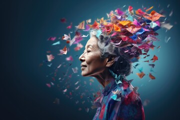 Asian woman patient with alzheimers disease, exploding head, memory loss concept