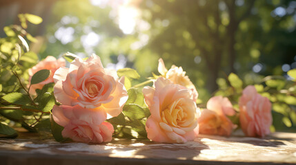 Wall Mural - freshly cut roses on a wooden table, a garden in the background, generative ai