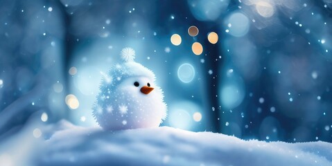 Aufkleber - Little cute fluffy white bird in hoarfrost on a branch under the snow in the Christmas park. Bird as a symbol of Christmas and New Year. AI generated.