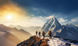 Group of hikers walking on a mountain at sunset,beautiful mountains with snow, active sport concept, backpackers on peak of mountain walking. traveling extreme sport outdoor