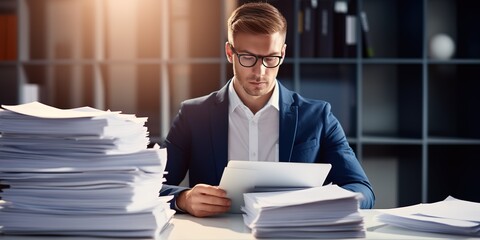 Aufkleber - A young accountant working on a laptop computer sits at a table with a pile of papers.