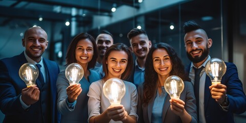 Poster - Happy creative team holding glowing lit light bulbs.