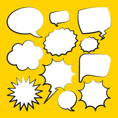 Wall Mural - Comic speech bubbles. Outline, hand drawn retro cartoon stickers on yellow background. Chatting and communication, dialog elements. Pop art style. Vector illustration