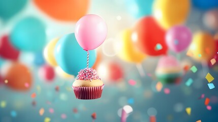 birthday cup cake with balloons background