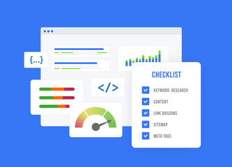 Fototapete - seo checklist - boost website ranking and web page performance. on-page optimization, technical on-p