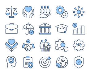 Wall Mural - social policy concept blue editable stroke outline icons set isolated on white background flat vecto