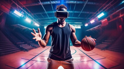 Basketballer using modern VR technologies in the basketball hall.