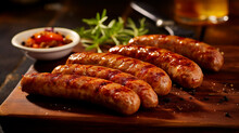 Delicious Grilled Sausages With Sauce Ketchup On A Wooden Table.