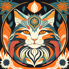 Wall Mural - Vector illustration of a cat in a circle of floral ornament. Vector illustration.