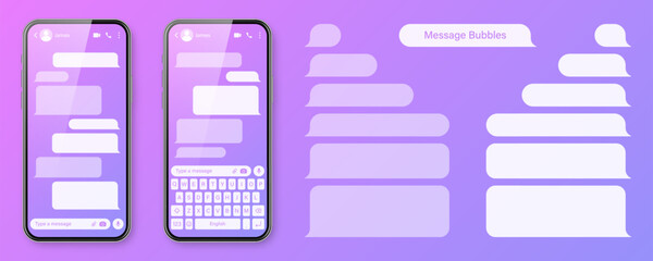 Wall Mural - Realistic smartphone with messaging app on colorful violet background. Blank SMS text frame. Chat screen with transparent message bubbles. Social media application. Vector illustration