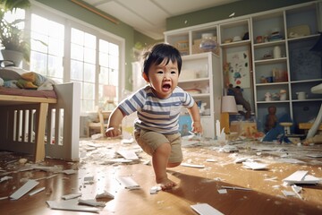 Wall Mural - a playful hyperactive cute asian toddler child misbehaving and making a huge mess in a living-room, throwing around things and shredding paper. Studio light. Generative AI technology