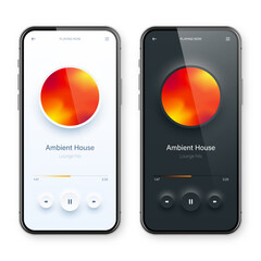 Wall Mural - Online audio player user interface, smartphone app UI design. Music, media streaming and listening platform. Responsive mobile application. Neumorphism, neumorphic style. Vector illustration.