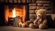 Knitted wool light brown teddy bear toy sitting next to a stone brick fireplace on a cold winter day, cozy cottage interior living room with warm orange ambience - generative AI